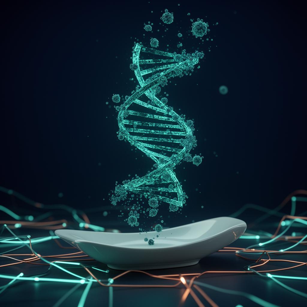 Glowing teal data helix and microscopic particles floating above a porcelain surface