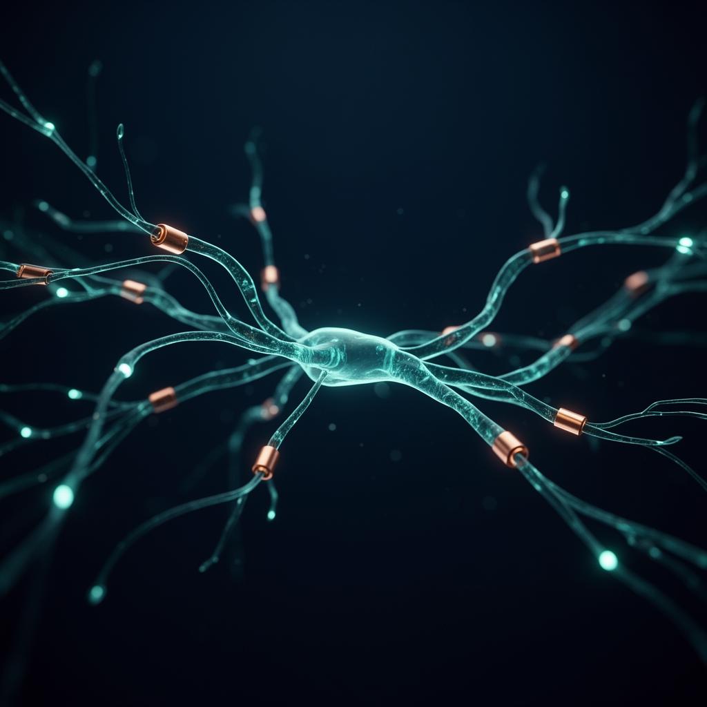 Transparent glowing teal neural network with branching pathways