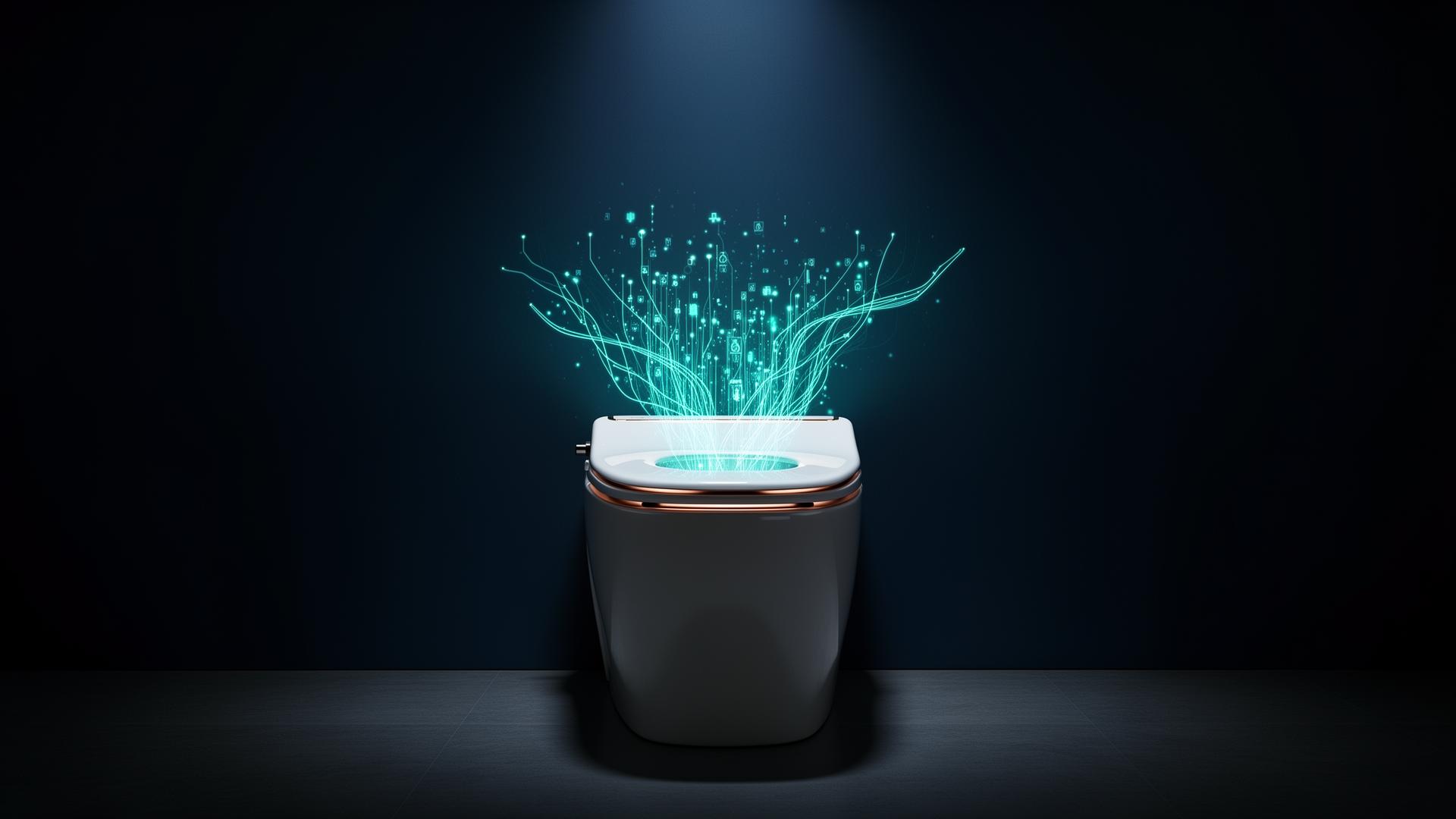 LUXOSMT luxury smart monitoring toilet emitting teal health data streams in a dark modern bathroom