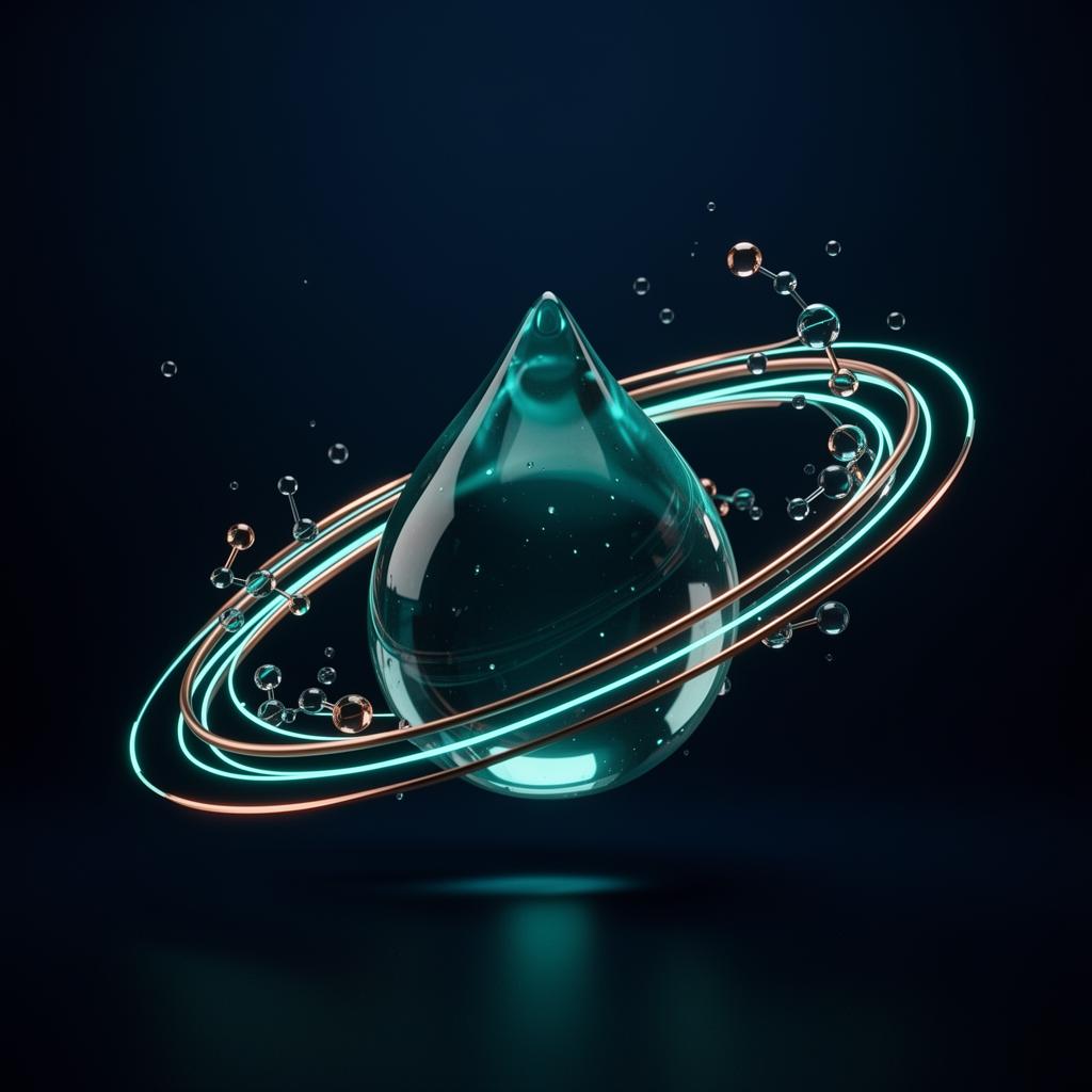 Glowing teal liquid droplet with orbiting molecular rings